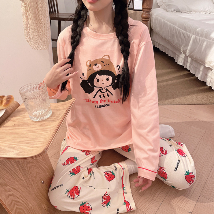 韩版卡通6535棉圆领睡衣女春秋季甜美休闲学生宿舍家居服套装外穿