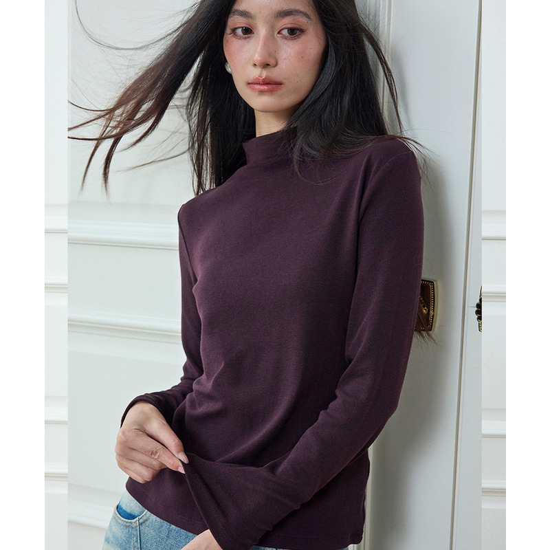 【Shengdu】26 Autumn New Simple Basic Half-Turtleneck Slim Fit Stretchy Long-Sleeve Commuting Undershirt