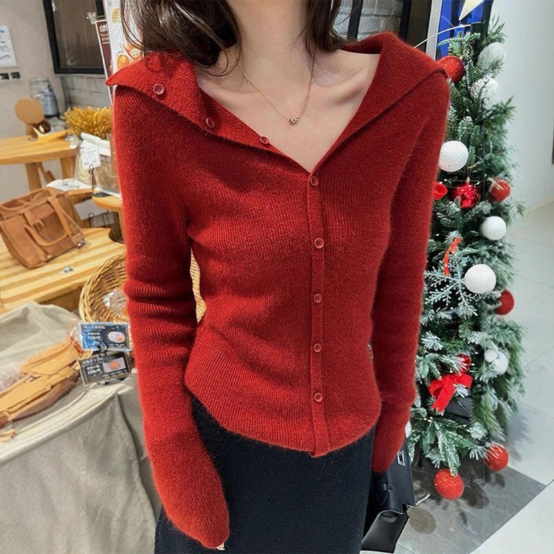Christmas Outfit New Year's Eve Shirt Red Lapel Sweater Women's Autumn and Winter Slim Fit Knitted Cardigan Top