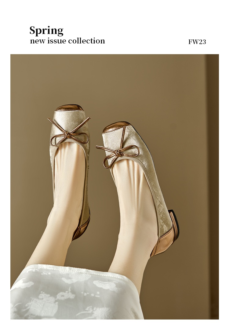 Giày ballet nữ mũi tròn da bò gót thấp nơ phối màu kiểu Trung Quốc mới — Màu nâu chi tiết 2