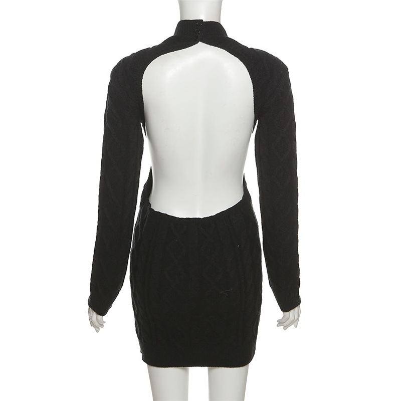 Autumn Fashion Trend Women New Long Sleeve round Neck Backless Slim Fit Hip Knitwear Dress