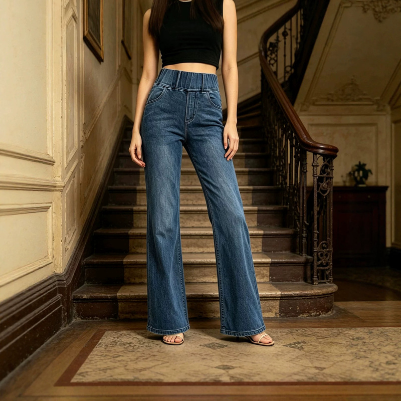 European and American Cross-Border Foreign Trade Hot-Selling Women's Elastic Waistband Wide-Leg Straight Jeans European and American Cross-Border Foreign Trade Hot-Selling Women's Elastic Waistband Wide-Leg Straight Jeans