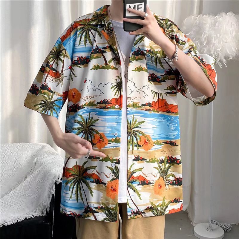 Hong Kong estilo Retro Vintage floral camisa de manga corta Estilo Hawaiano tailandés diseño sentido Ruan guapo camisa suelta para hombres y mujeres