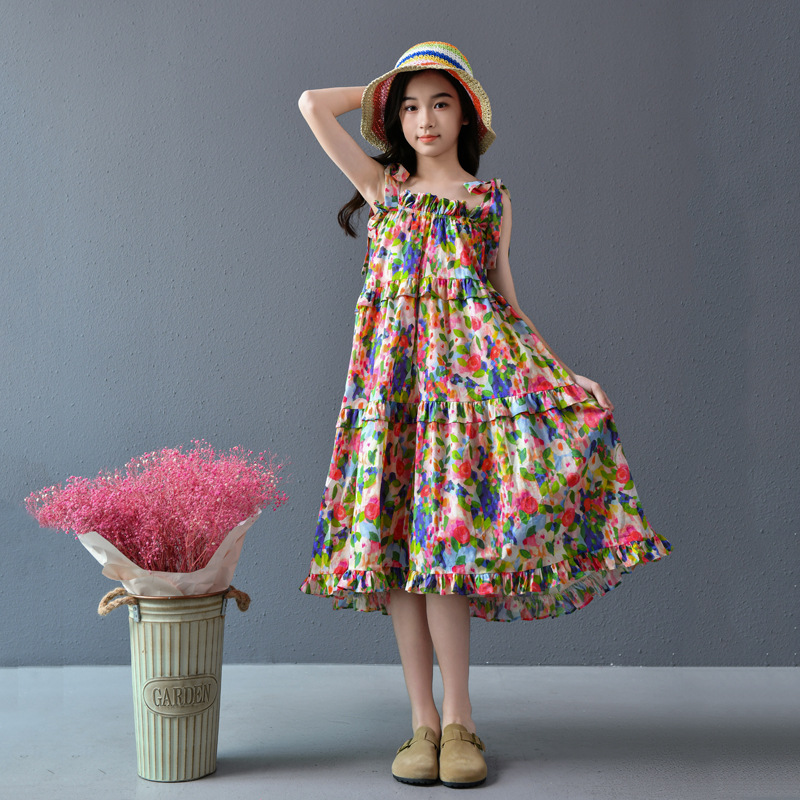 Nueva falda grande para niñas, vestido de flores, falda de tirantes para niñas de verano, 2025, nueva falda de playa para niños de verano