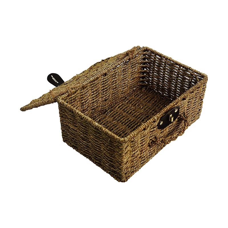 Cesta de almacenamiento de caña personalizada con cerradura de cubierta Caja de almacenamiento de algas tejida a mano picnic paquete de regalo de mano cesta de almacenamiento