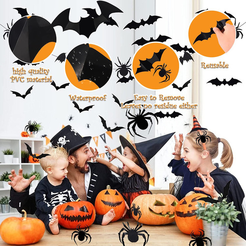 68PCS Large Halloween 3D Spider and Bat Wall Sticker Combination Halloween Decoration 3D Black Bat Sticker