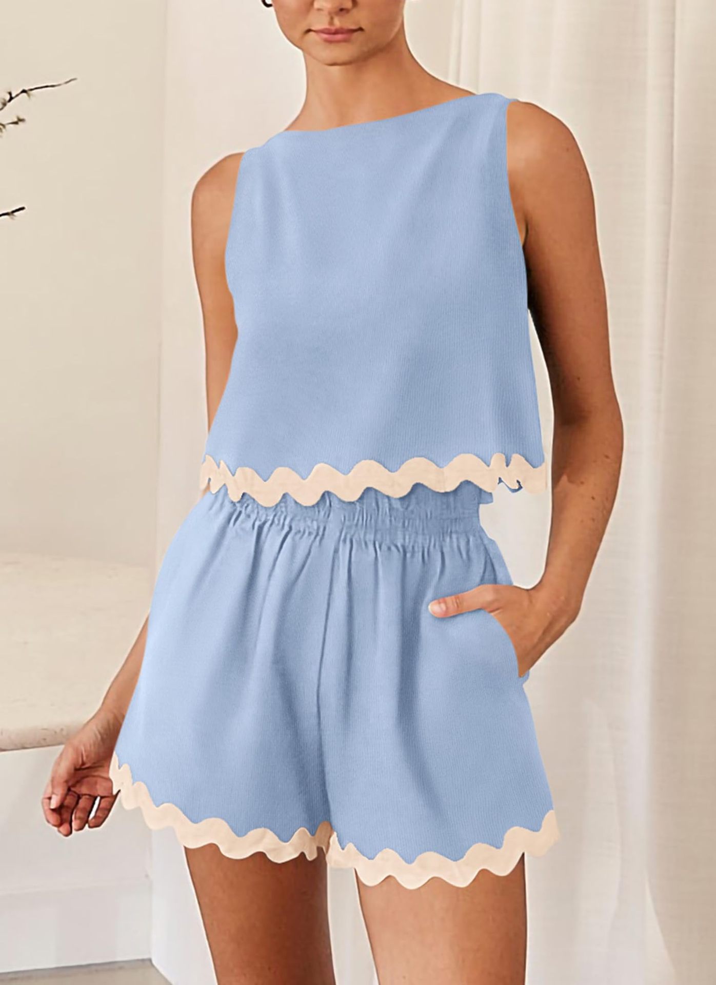 227g Weight Sleeveless Sleeve Length Linen, Lace Fabric Type Shorts Pants Type Shorts Co-ord Set Sets Type 2 Pieces Set Quantity Daily Occasion Round Neck Neckline Loose Fit Type Color Block, Waves Pattern Summer Season Women's Gender Casual Style Lace Craft Daily Women's Casual Color Block Waves Linen Lace Shorts Co-ord Set Shorts Shorts Sets 15