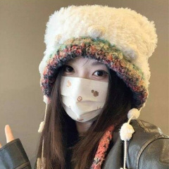 秋冬可爱小熊毛绒帽子女小球彩色绑带护耳帽可爱风加厚套头针织帽