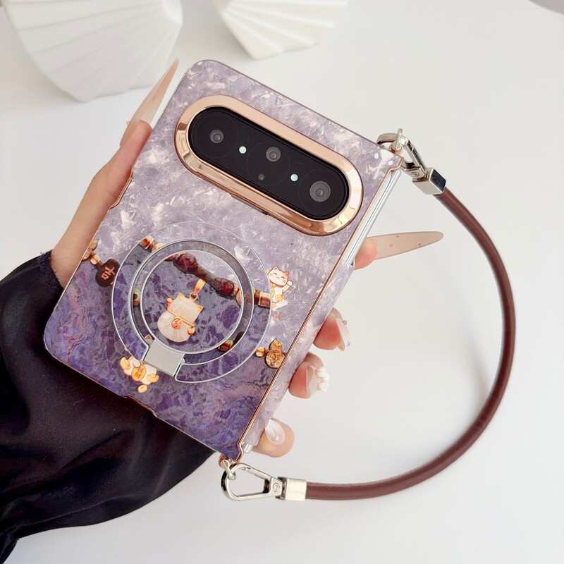 Cute gold-embossed lucky cat case suitable for Huawei PuraXMax foldable screen phone, with magnetic stand and hand-held protection cover Cute gold-embossed lucky cat case suitable for Huawei PuraXMax foldable screen phone, with magnetic stand and hand-held protection cover