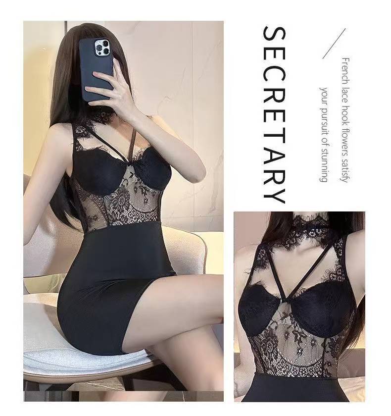 Sexy Lace Push-up Lingerie Set with Cat Ears, Deep V Slim-fit Black One Size — detail image 8