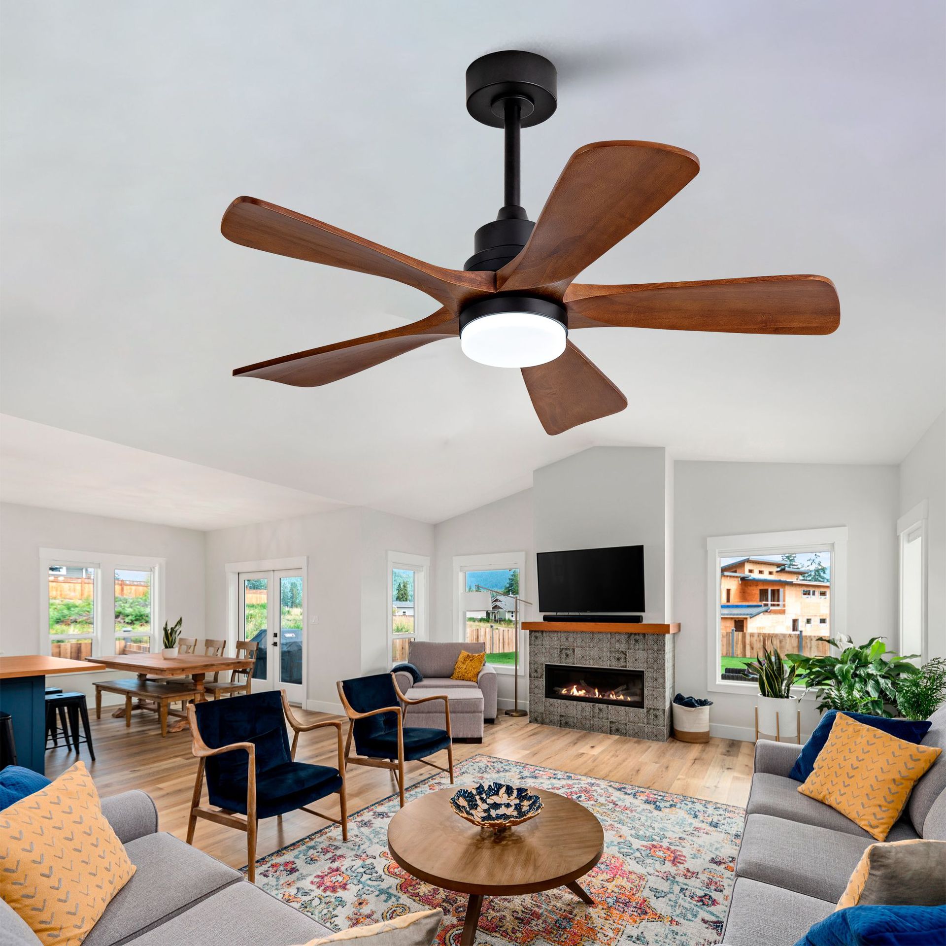 New 60inch Large Wind Living Room Fan Light White Solid Wood Ceiling Fan Light Retro Walnut Color Five-Blade Fan Light