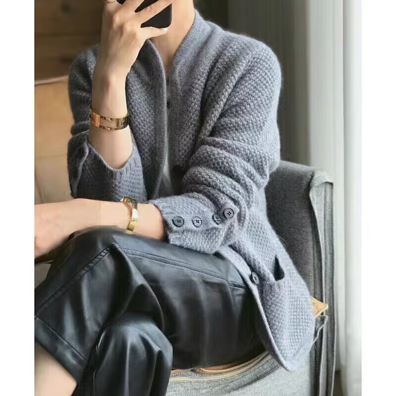 秋冬季日韩新款打底针织衫女时尚洋气开衫立领纯色加厚毛衣外套|undefined