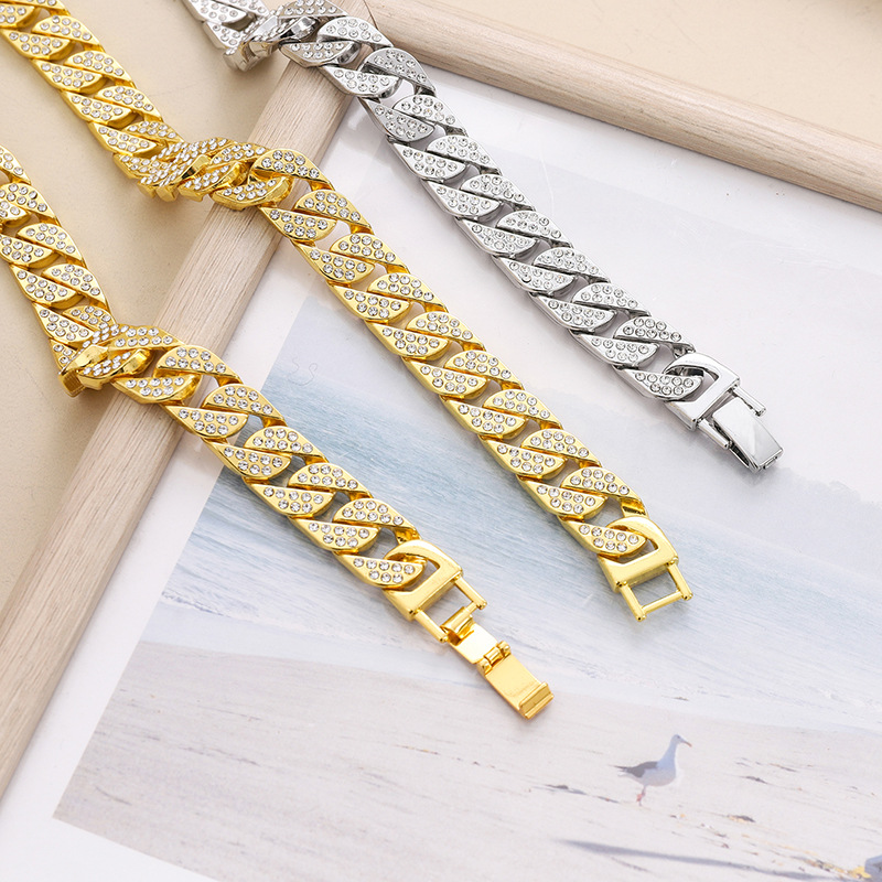 Collana con catena cubana, bracciale spesso con diamanti, combinazione hip hop, accessori alla moda per la personalità rap_voghion.com