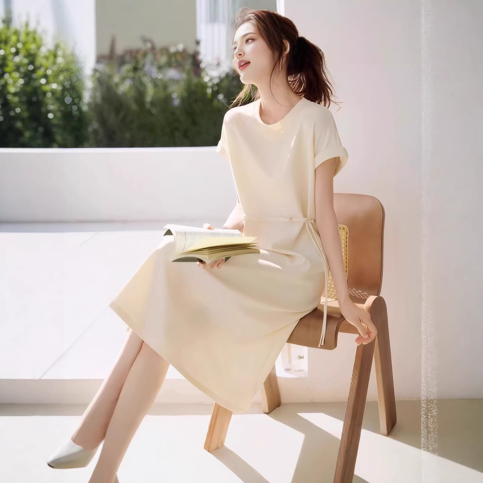 Váy ngắn tay cổ chữ V thắt eo dáng suông mùa xuân hè — màu mơ chi tiết 4