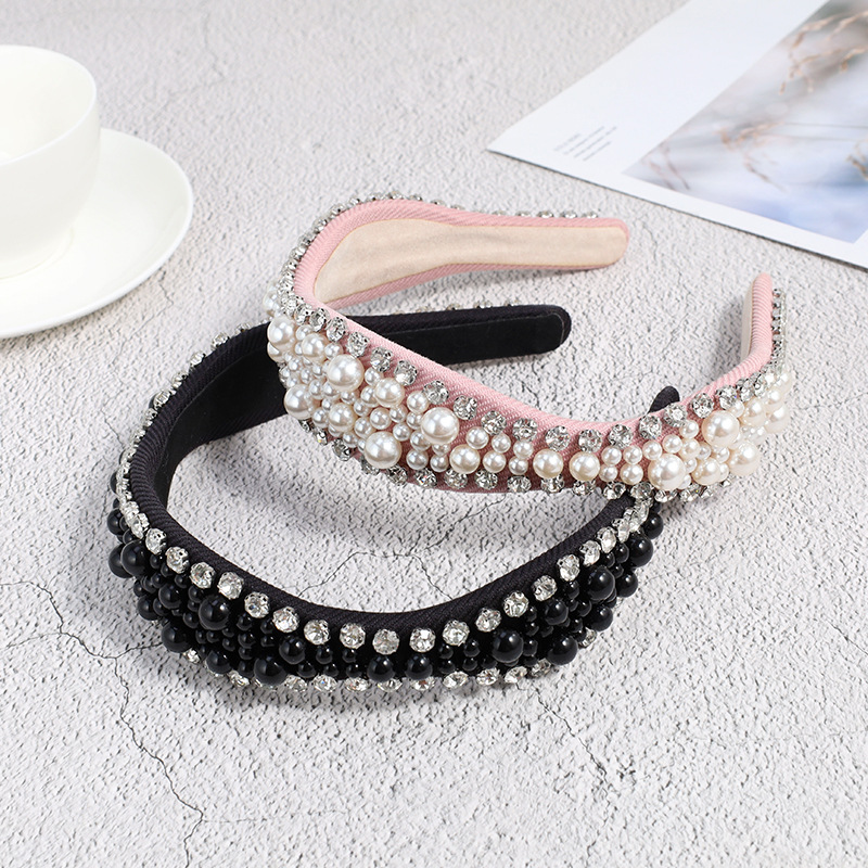 Fashion Solid Color Cloth Inlay Rhinestones Pearl Hair Band 1 Piece display picture 4