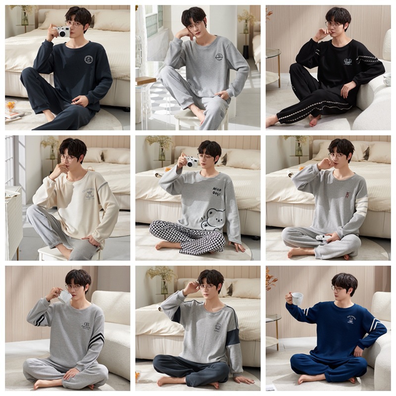 봄과 가을 잠옷 남자의 새로운 6535 니트 코튼 와플 긴 소매 바지 크루 넥 풀오버 홈 의류 세트