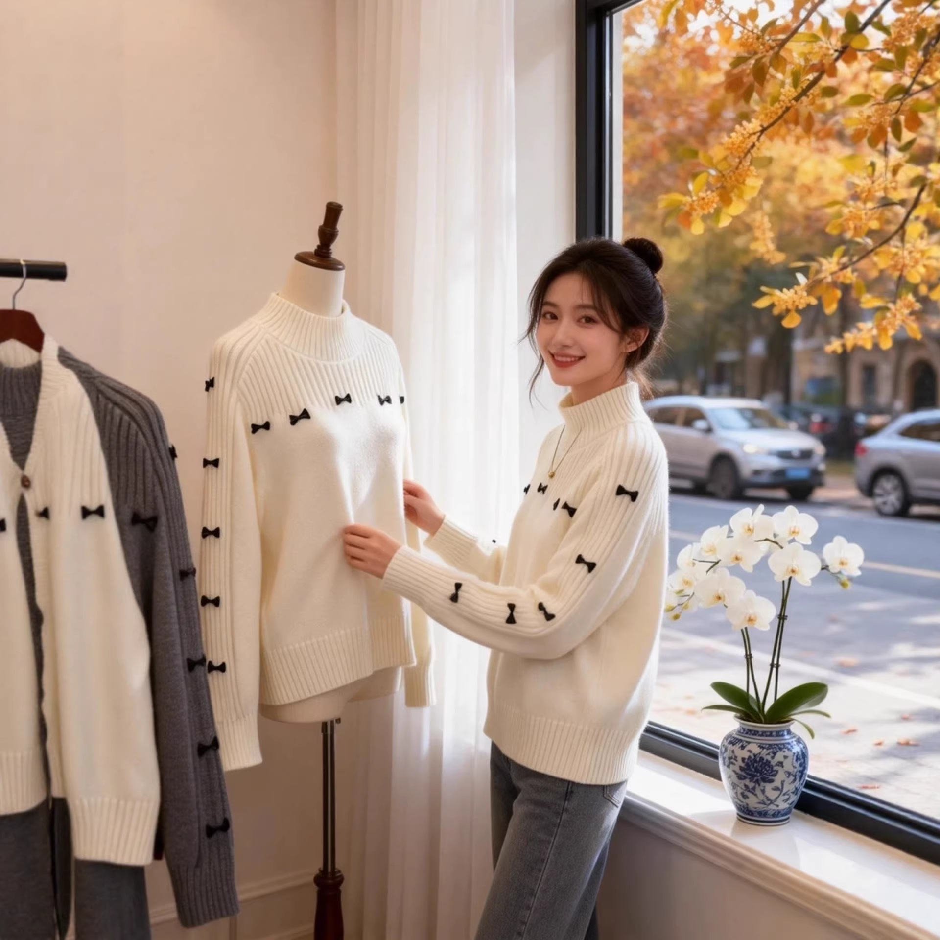 Áo len dệt kim cổ lọ nữ mềm mại, phong cách thời thượng — trắng chi tiết 1
