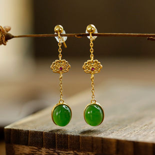 Natural Hetian Jade Jasper Pattern Egg Face Earrings Earrings Sterling Silver Light Luxury Elegant New Chinese Ancient Style Earrings Earrings