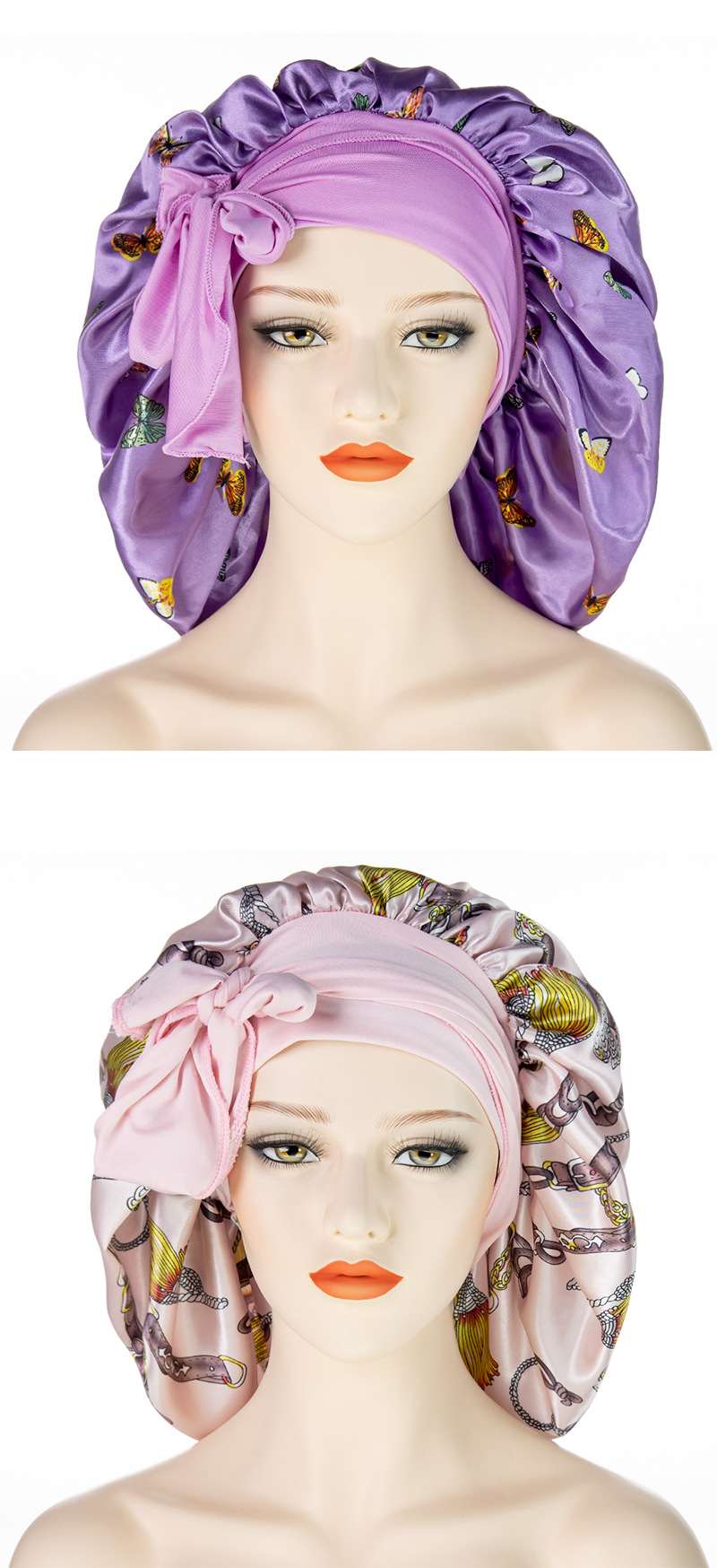 Unisex Hair Care Wide Brim Long Tail Extra Large Shower Cap Fashion Print Ladies Large Satin Night Cap_voghion.com