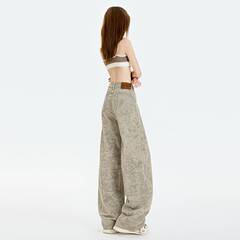 批发美式复古高腰宽松阔腿裤扎染印花小众设计直筒牛仔裤女