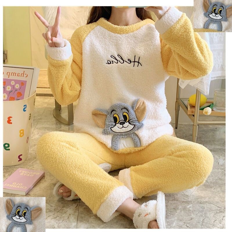 Coral Velvet Pajamas for Women Fleece-Lined Thickeneded Warm Long-Sleeved Large Size Polar Fleece Suit Autumn and Winter Flannel Home Clothes