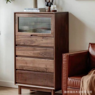 | Black Walnut Sideboard Solid Wood Bucket Cabinet Living Room Storage Cabinet Bedside Cabinet Nordic Log
