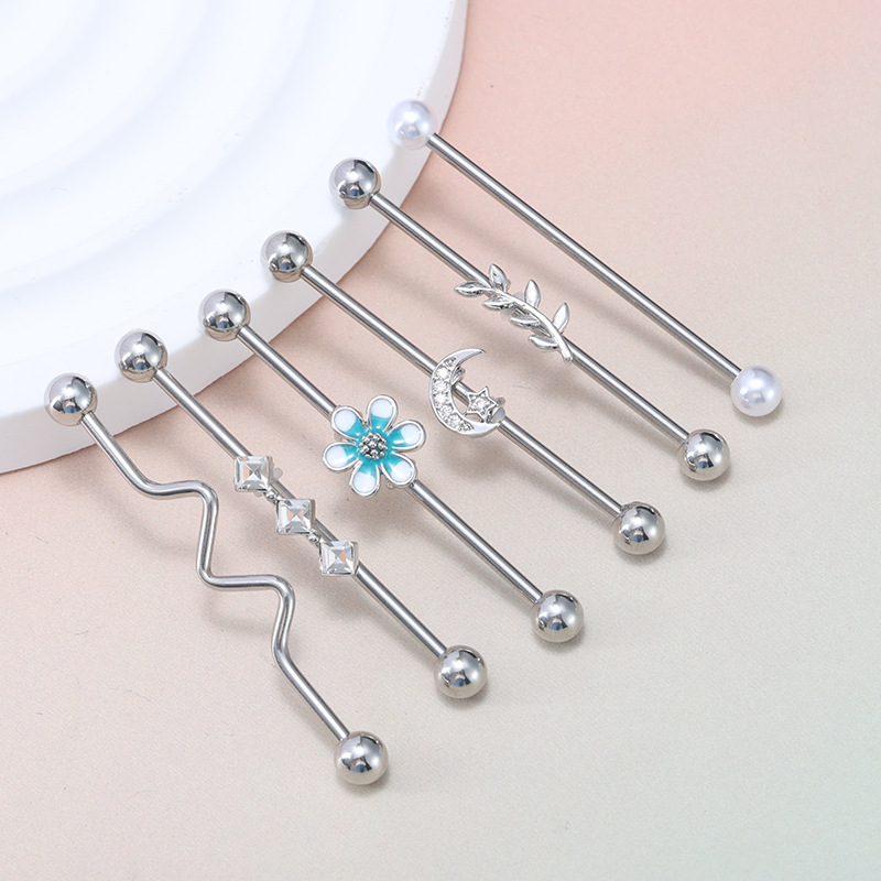 6-Piece Stainless Steel Industrial Ear Stud Set with Moon and Floral Designs, Fashionable Cartilage Piercing Jewelry detail image 7