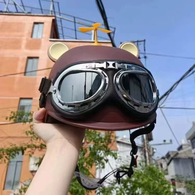 3C certified, national standard electric motorcycle helmet, suitable for all seasons, with sun protection for summer, lightweight, and a half-helmet design (Motosiklet kaskı (dəbilqə)) - 3c-certified-brown-brownish-yellow-bear-ears-sunglasses-yellow-windmill
