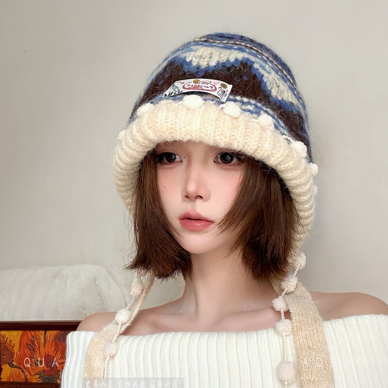 费尔岛复古针织巴拉克拉法帽女秋冬显脸小包头帽加厚保暖护耳帽子|undefined