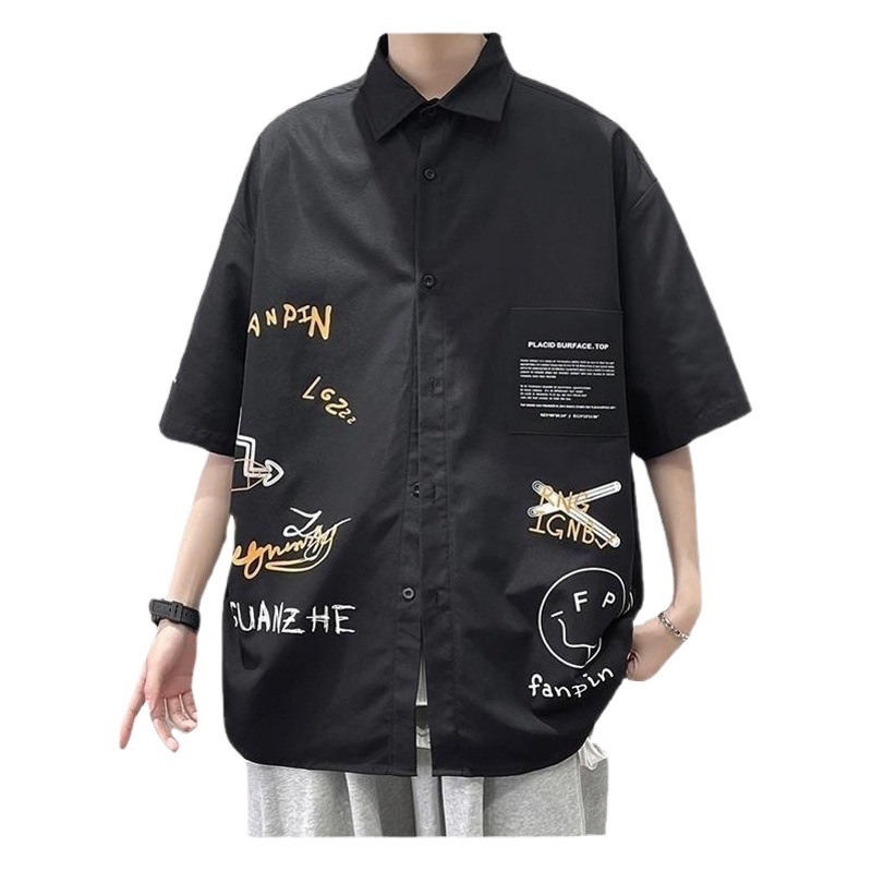 Camisa de estilo japonés de Hong Kong para hombre ins verano casual manga corta graffiti impreso camisa de moda manga corta abrigo de moda