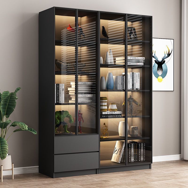 Display Cabinet Integrated Wall Bookshelf Light Luxury Storage Cabinet Solid Wood Thickened Back Panel Bookcase Home Living Room with Glass Door