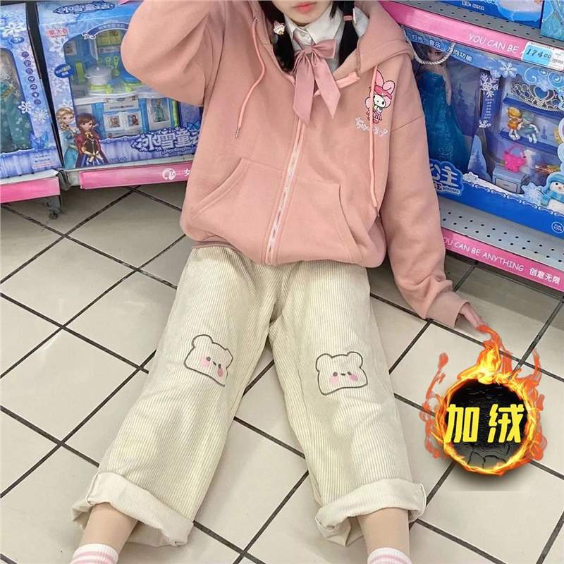 秋冬加绒新款休闲直筒裤女日系可爱小熊高腰显瘦学生ins阔腿裤子