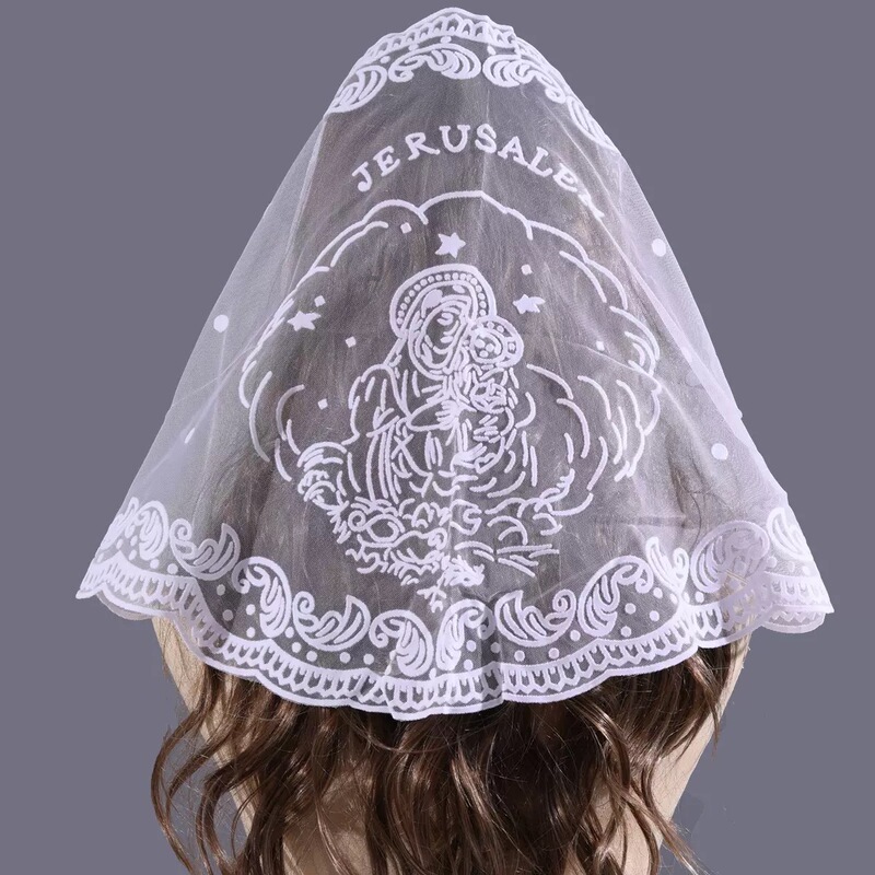 New Single-Color Virgin Mary Ceremonial Thin Triangular Scarf with Lace Hollow Design for Women, Church Prayer Decorative Silk Scarf New Single-Color Virgin Mary Ceremonial Thin Triangular Scarf with Lace Hollow Design for Women, Church Prayer Decorative Silk Scarf