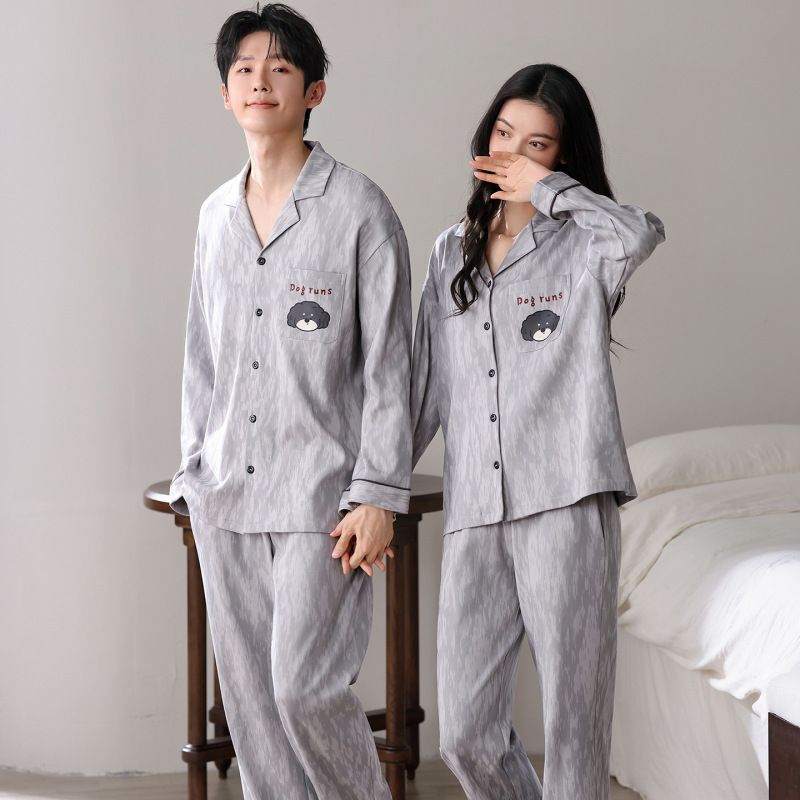 韩式翻领开衫纯棉情侣睡衣秋季长袖长裤时尚休闲青年家居服可外穿|undefined