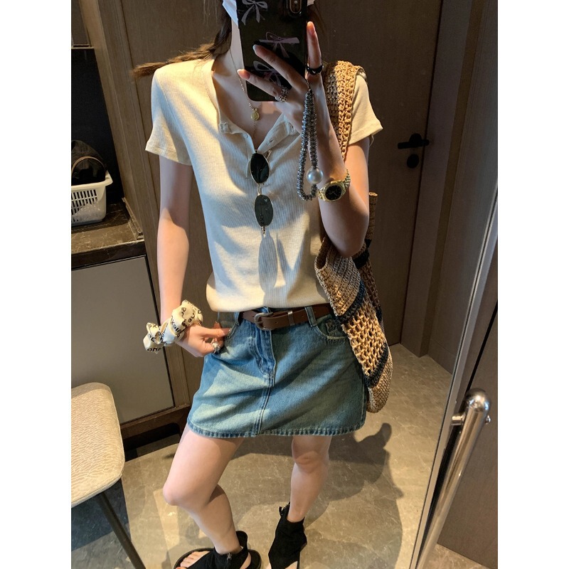 Mochie Smart Casual Acetate Tencel Linen Blend Buttoned Henley Collar Regular Shoulder Short Sleeve T-Shirt Mq1371