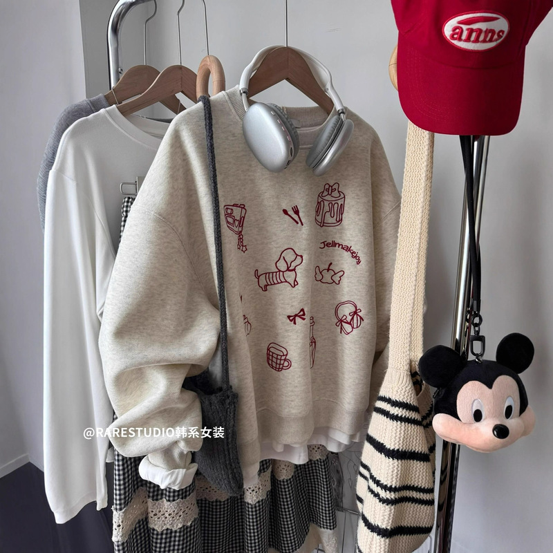 Autumn and Winter Sweet Girl Cute Graffiti Hand-Painted Cartoon Lying Flat Pattern Sweatshirt Women's Loose Pullover Round Neck White Gray Top Trendy