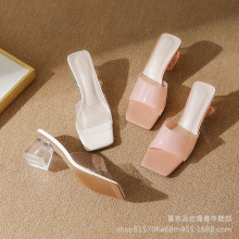 水晶粗跟方头透明粉色TPU新款夏季百搭露趾性感外穿一字拖凉鞋