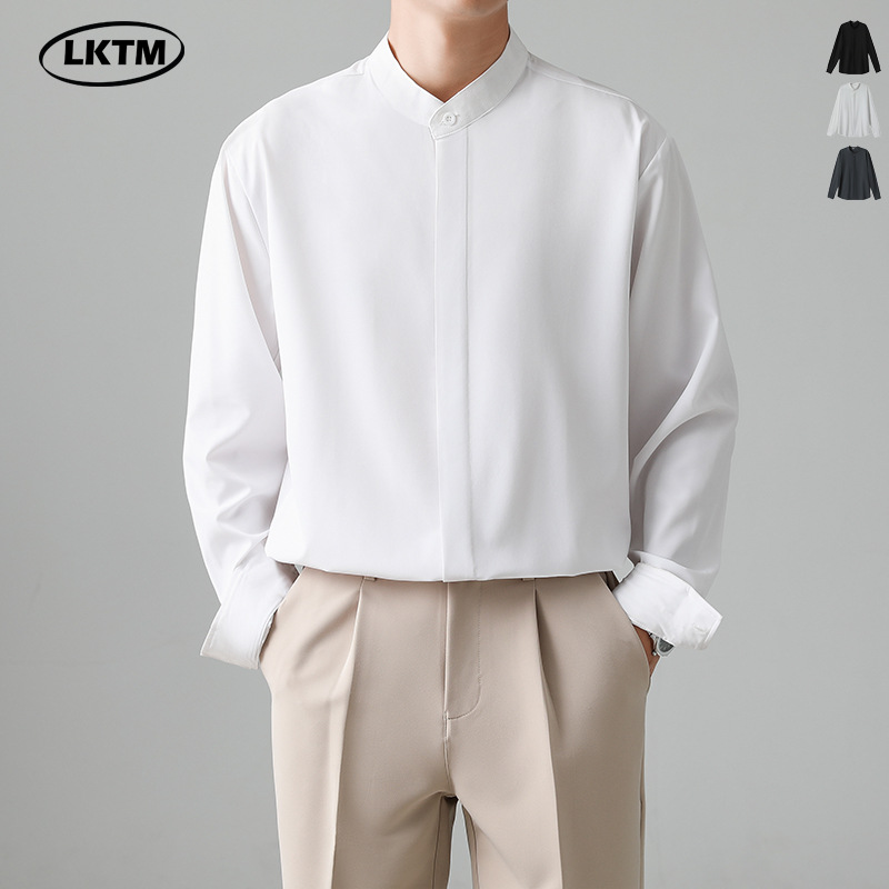 LKTM男装 新中式立领长袖衬衫男士轻熟风高级感痞帅冰丝垂感衬衣