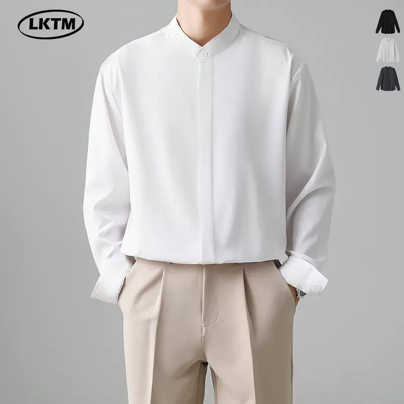 LKTM男装 新中式立领长袖衬衫男士轻熟风高级感痞帅冰丝垂感衬衣