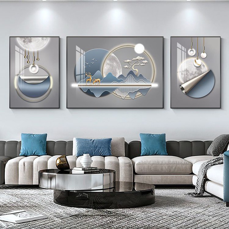 新款现代简约客厅装饰画沙发背景墙壁挂画上档次轻奢三联画山水画