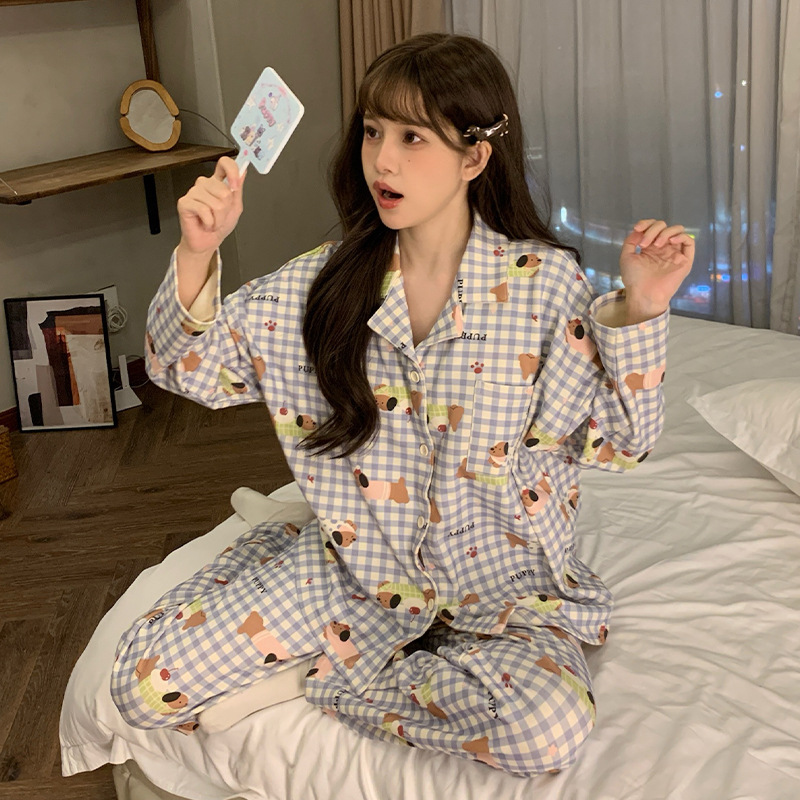 秋冬季节睡衣女开衫长袖长裤套装卡通格子甜美大码学生居家可外穿|undefined