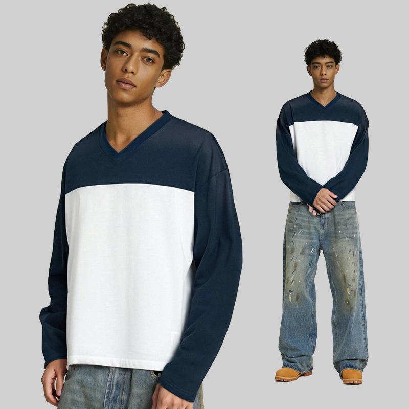 ETAI Hombre| Camiseta corta de algodón pesado suelta camiseta de marca de moda transfronteriza hombre cuello en V camiseta de manga larga