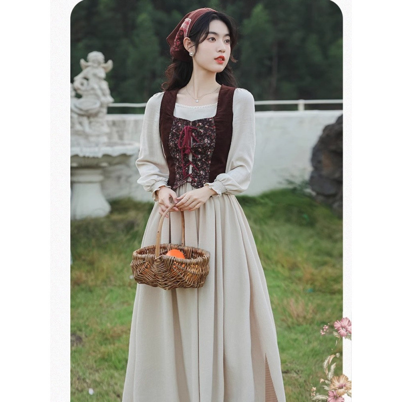 欧洲复古中世纪宫廷裙法式少女田园系碎花油画马甲连衣裙套装|undefined