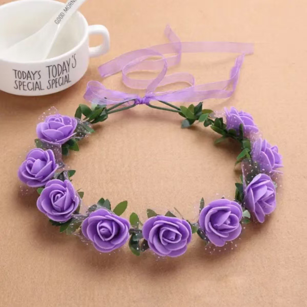 거품장미 9송이와 녹색잎 리본 [보라색]