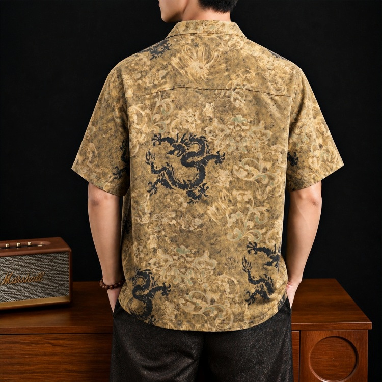 Áo sơ mi ngắn tay nam mulberry silk cao cấp dáng rộng mùa hè — Vàng 8908 chi tiết 8