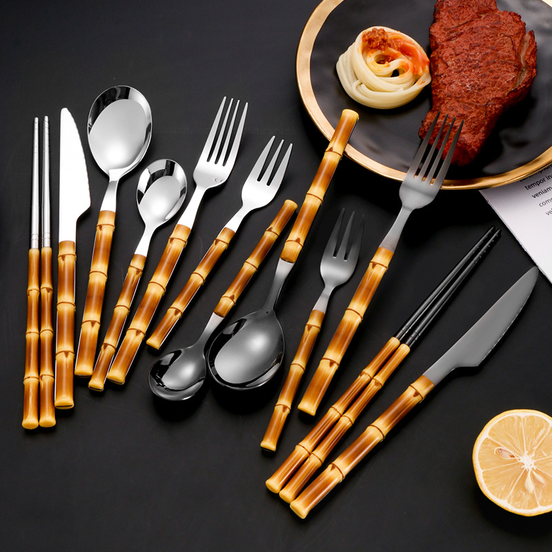 Cuchillo de acero inoxidable, tenedor y cuchara Hotel creativo vajilla occidental cuchillo de filete, tenedor y cuchara Palillos de bambú de imitación transfronteriza