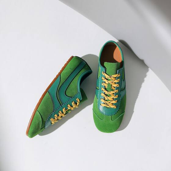 European and American Style Retro ~ German Training Shoes Women's Saw-tooth Leather Color-matching Flat Square Head Lace-up Casual sneaker