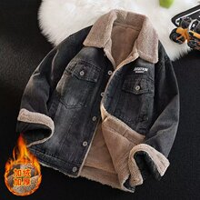秋冬季青少年男士加绒加厚牛仔外套棉服带毛翻领保暖夹克男外穿棉