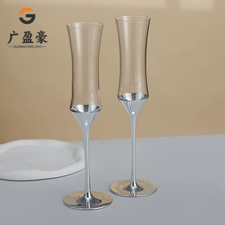 束腰电镀炫彩香槟杯水晶玻璃轻奢银色杯杆高脚杯宴会专用气泡酒杯