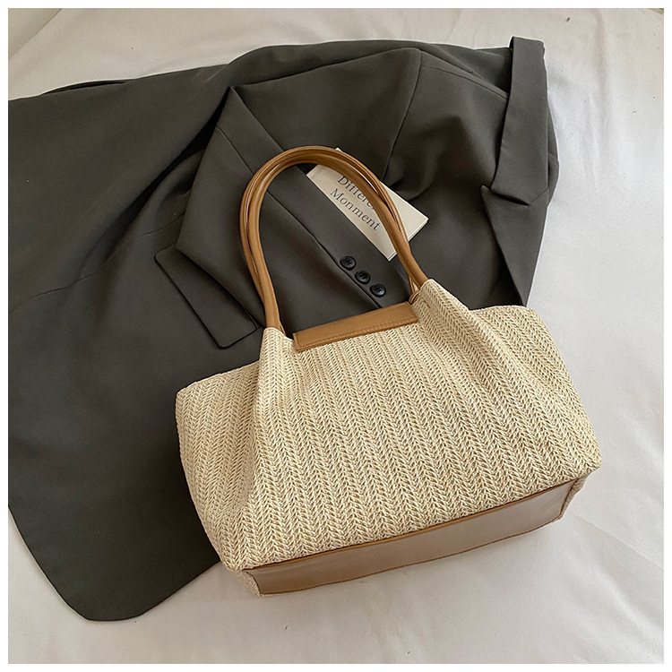 French niche straw woven large-capacity tote bag for women 2025 summer casual vacation beach woven single-shoulder bag trend undefined